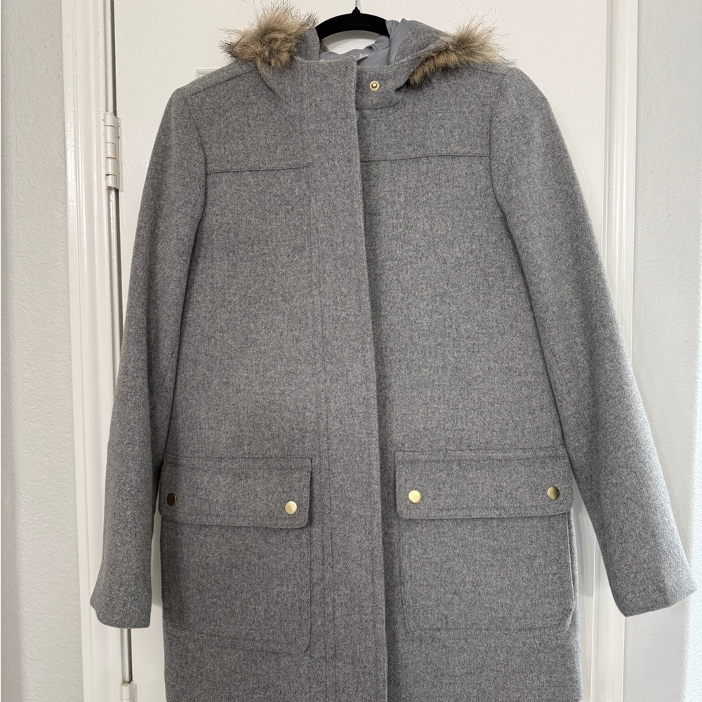 Gray Wool Coat with Faux Fur Hood